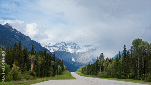 Highway at the foot of scenic Mount Robson, British Columbia, Canada