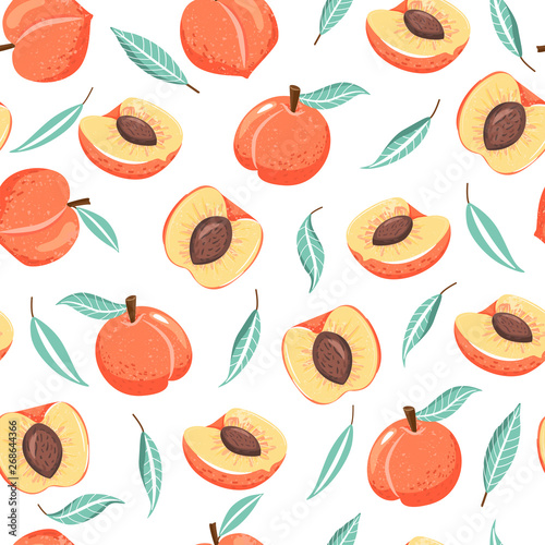 Seamless pattern with peach, slices and green leaves. Summer vibes. Vector texture for textile, postcard, wrapping paper, packaging etc. Vector illustration.