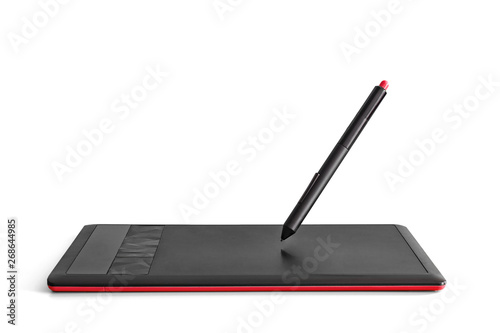 Black red graphics tablet and levitating stylus on a white background.
