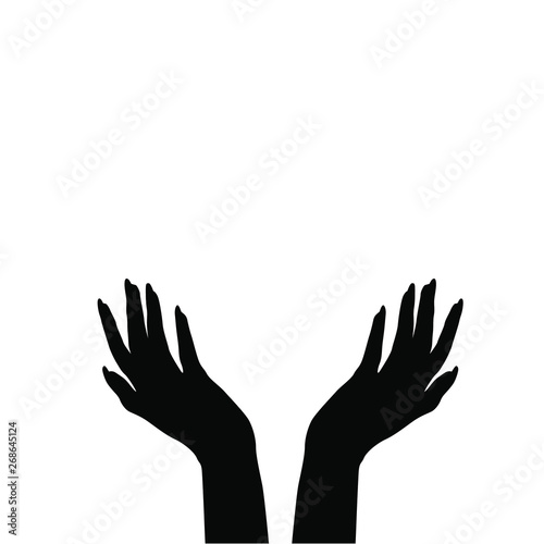 Silhouette female hand with nails, top view, vector silhouettes, black color, isolated on white background