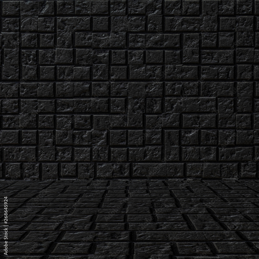 Black brick stone tile wall pattern and seamless background