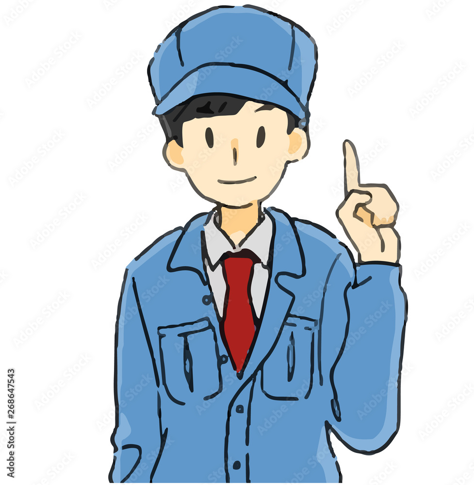 青い作業着の男性　人差し指を立てる