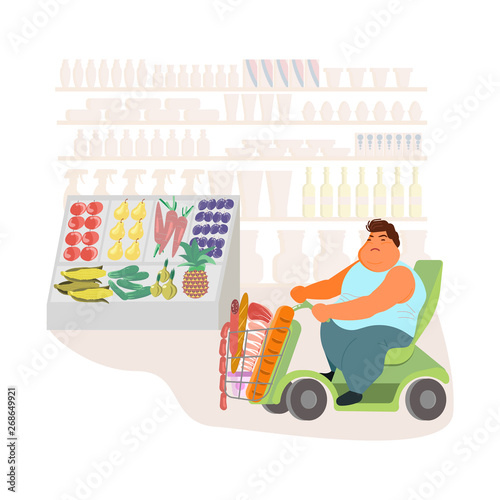 Fat obese disabled man on shopping motorcycle cart 