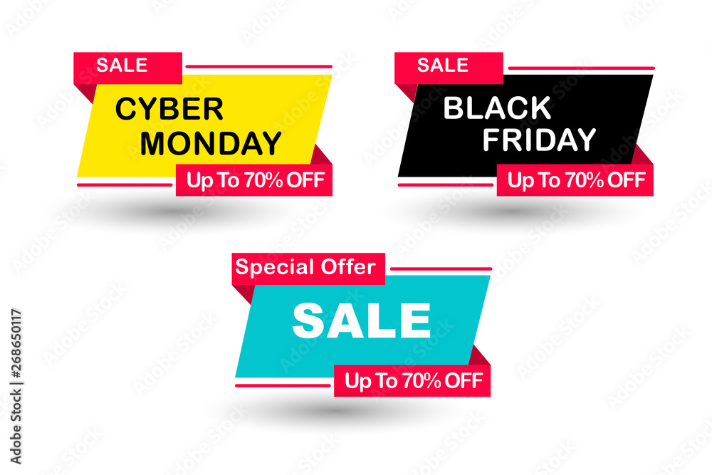 Colorful sale label special offer, Black Friday and Cyber Monday promotional banner element Colorful sale label special offer, Black Friday and Cyber Monday promotional banner element