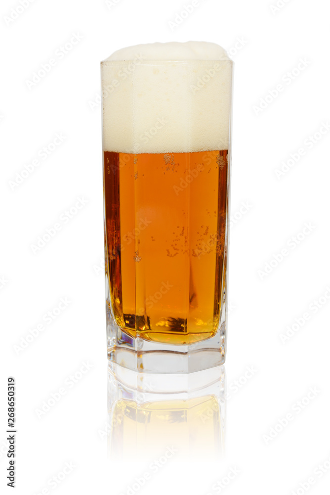 Glass with cold beer, foam. Isolated on a white background with reflection Glass with cold beer, foam. Isolated on a white background with reflection