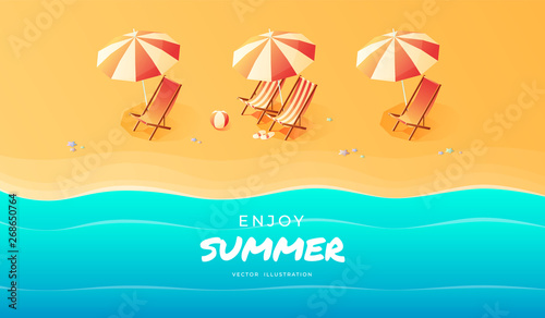 Summer. Vacation and travel concept. Umbrella, beach chair and a ball on the beach. Flat style vector illustration