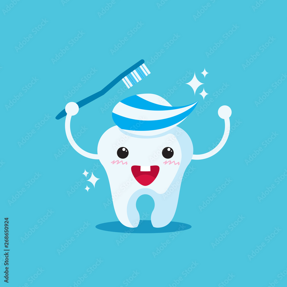 Cute tooth with toothpaste hairstyle holding giant toothbrush on blue ...