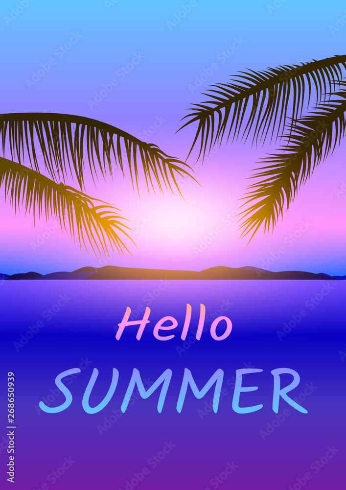 Hello Summer Poster vecotr with palm, mountains on sunset sky
