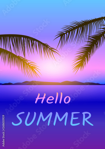 Hello Summer Poster vecotr with palm, mountains on sunset sky