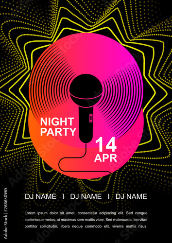 Night party poster vector, microphone on pink record
