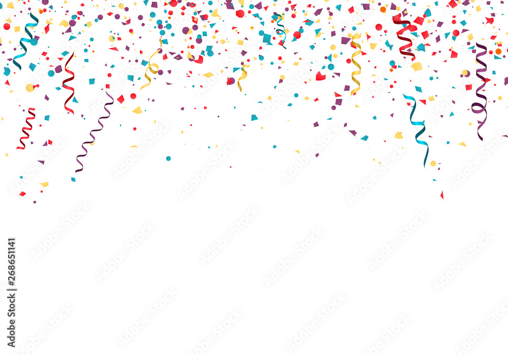 Celebration or festival colorful background template with falling paper  confetti and ribbons. Vector illustration isolated on white background  Stock Vector | Adobe Stock