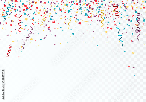 Celebration or festival colorful background template with falling paper confetti and ribbons. Vector illustration isolated on transparent background