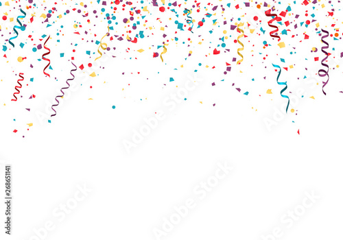 Celebration or festival colorful background template with falling paper confetti and ribbons. Vector illustration isolated on white background