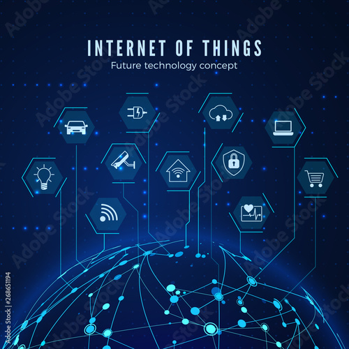 Internet of things. IOT concept. Global network connection. Monitoring and control smart systems. Vector illustration