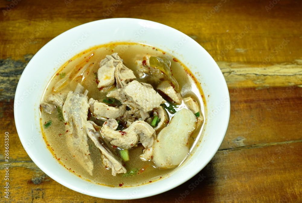 boiled duck bone with herb Thai spicy soup on bowl boiled duck bone with herb Thai spicy soup on bowl