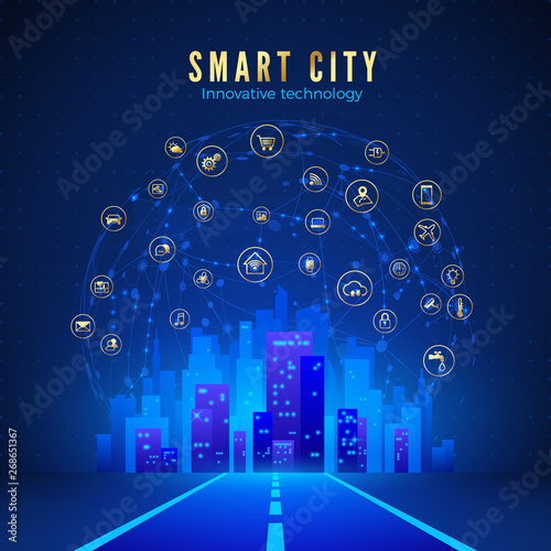 Smart city or IOT concept. Road leading to city landscape in blue color and global web with smart systems icons on background. Vector illustration
