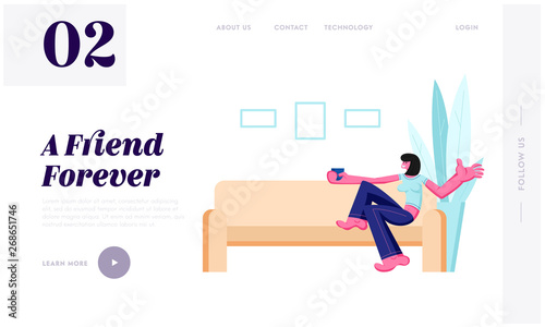 Smiling Girl Sitting on Sofa Drinking Coffee or Tea at Home Interior. Female Leisure, Sparetime, Relaxing, Chatting with Friend Website Landing Page, Web Page. Cartoon Flat Vector Illustration, Banner