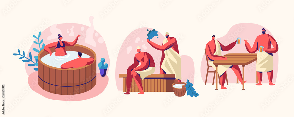Sauna and Spa Water Procedures. Relaxation, Body Care Therapy, Couple in Wooden Bath, Men Sitting on Bench in Steam Room with Broom, Drinking Bear. Wellness, Hygiene, Cartoon Flat Vector Illustration