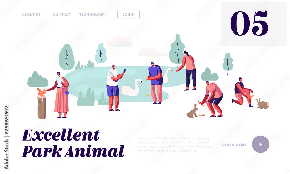 People Spend Time in Animal Park. Leisure in Outdoors Zoo with Wild Animals, Feeding, Playing, Taking Pictures, Sparetime. Website Landing Page, Web Page. Cartoon Flat Vector Illustration, Banner