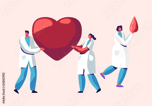 Healthcare, Transplantation, Blood Donation Male and Female Characters in Medical Uniform, Doctors, Nurses Carry Huge Heart and Blood Drop in Hands. Donor Charity Cartoon Flat Vector Illustration