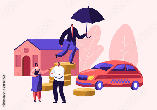 Client Speaking with Insurance Woman Agent for Signing Policy for Property Home and Car Protection. Man with Umbrella on Coin Pile. Guarantee and Secure in Future. Cartoon Flat Vector Illustration