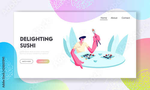 Young Happy Male Character Enjoying Japanese Food, Eating Sushi and Rolls with Chopsticks in Japan Restaurant, Rest, Sparetime. Website Landing Page, Web Page. Cartoon Flat Vector Illustration, Banner