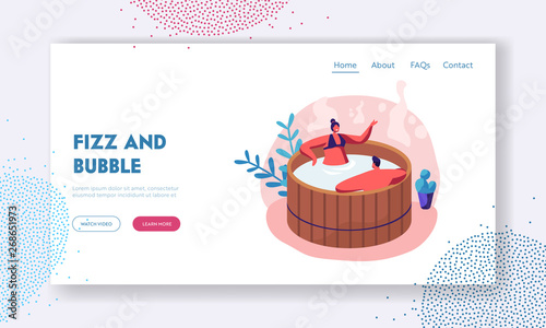 Loving Couple Sitting in Wooden Bath Taking Sauna and Spa Water Procedure. Relaxation, Body Care, Wellness, Honeymoon, Dating Website Landing Page, Web Page. Cartoon Flat Vector Illustration, Banner