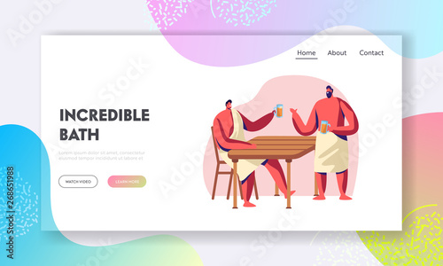 Men Spend Time in Bath Drinking Bear. Sauna and Spa Water Procedures. Relaxation, Body Care Therapy, Weekend Leisure, Sparetime Website Landing Page, Web Page. Cartoon Flat Vector Illustration, Banner