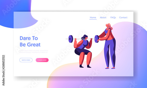 Woman Squatting with Weight in Gym, Coach Help in Training. Girl in Sports Wear Workout, Exercises, Sport Activity Lifestyle. Website Landing Page, Web Page. Cartoon Flat Vector Illustration, Banner