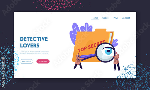 Intelligence Service, Spies, Watchers Searching for Top Secret Files with Magnifier Glass. Police Private Detectives at Work. Website Landing Page, Web Page. Cartoon Flat Vector Illustration, Banner