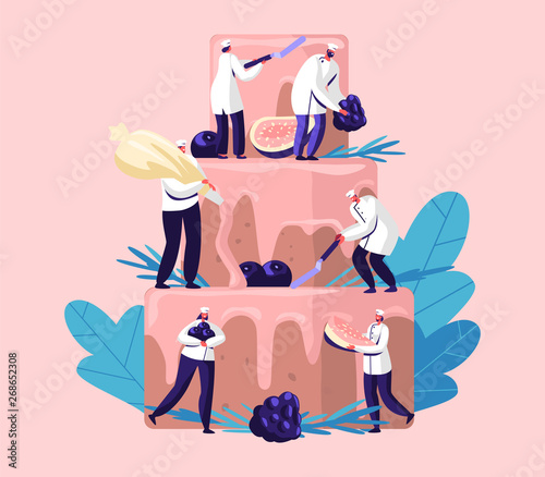 People Cook Festive Cake with Cream and Berries. Tiny Characters in Chef Uniform and Cap Decorating Huge Pie. Teamwork, Bakery, Giant Dessert for Birthday or Wedding Cartoon Flat Vector Illustration