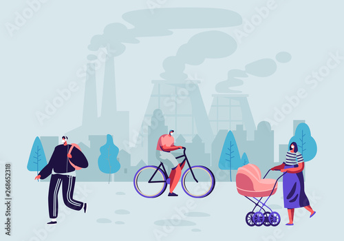 Pollutant Gas Emission. People in Protective Face Masks Live in Polluted City Walking on Street Against Factory Pipes Emitting Industrial Smog, Fine Dust Air Pollution Cartoon Flat Vector Illustration