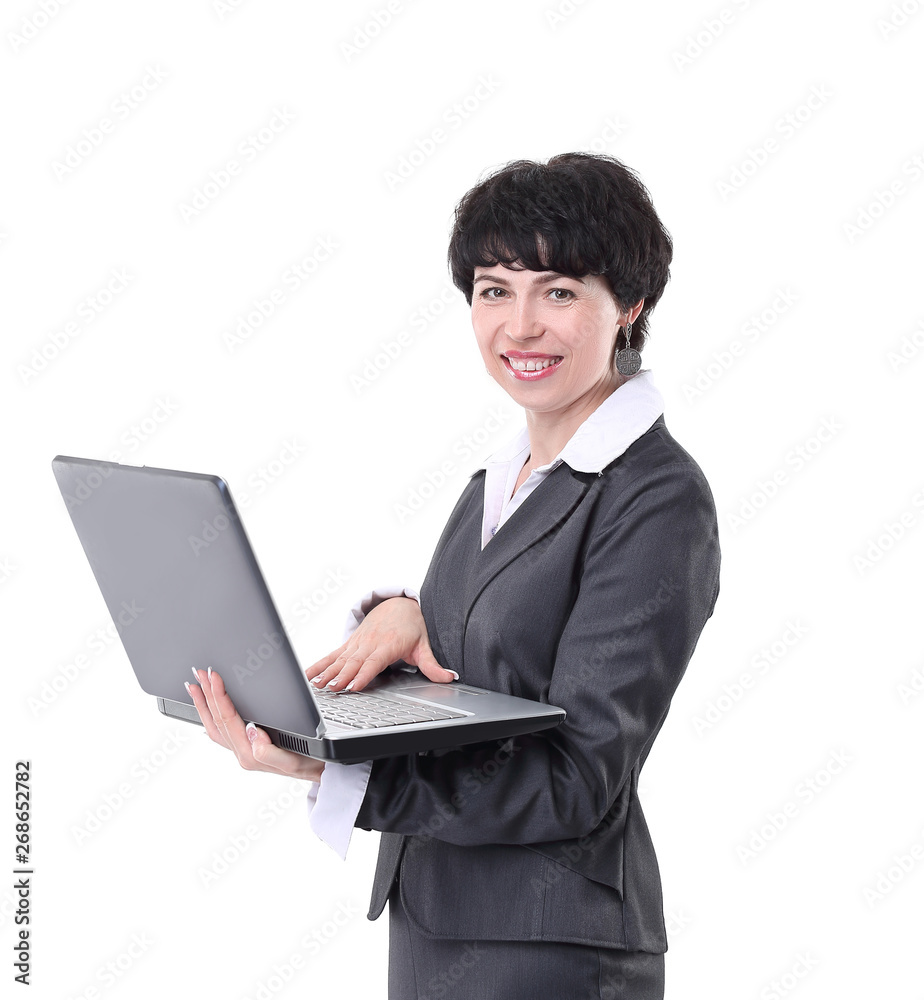 smiling business woman with laptop. isolated on white smiling business woman with laptop. isolated on white