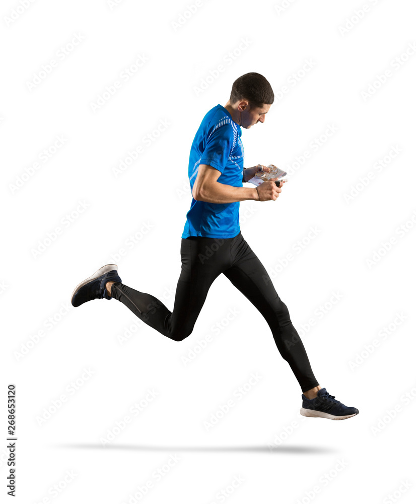 Fototapeta premium Orienteering. Man runs with map and compass isolated