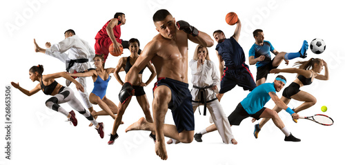 Multi sports collage mma fighter, basketball, taekwondo, karate, tennis, etc. Isolated