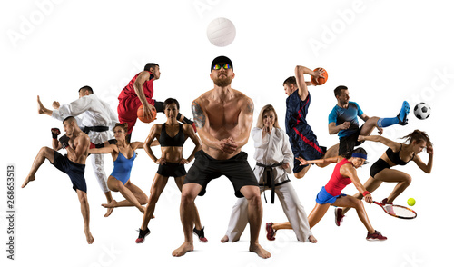 Multi sports collage volley ball beach, mma fighter, basketball, taekwondo, karate, tennis, etc. Isolated