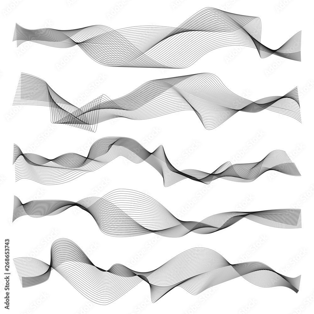 Abstract waves. Graphic line sonic or sound wave elements, wavy texture isolated on white background
