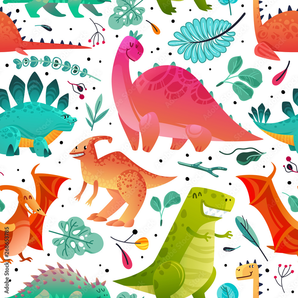 Dinosaur seamless pattern. Dino textile print dragon funny monsters cute  animals kids wallpaper color dinosaurs cartoon vector texture Stock Vector  | Adobe Stock