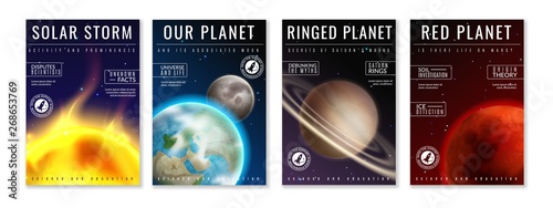 Space posters. Spaceman travelling, astronaut exploring in outer space, universe trip cover fanciful galaxy vector images