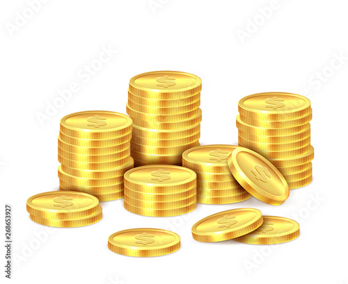 Gold coins stack. Realistic golden dollar coin money pile, stacked cash. Casino bonus, profits and income vector isolated concept