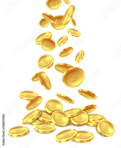 Gold coins pile. Golden coin money heap cash wealth, flying metal dollars treasure piles. Casino jackpot win bonus, vector image