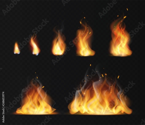 Realistic flame. Hot fireball warm furnace fire blazing effect abstract torch red flames flaming isolated vector collection