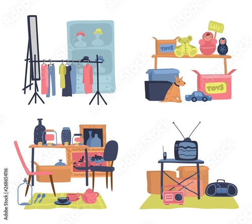 Flea market sale. marketing colorful hipster clothes and accessories, second hand stuff and furniture store vector flat illustration