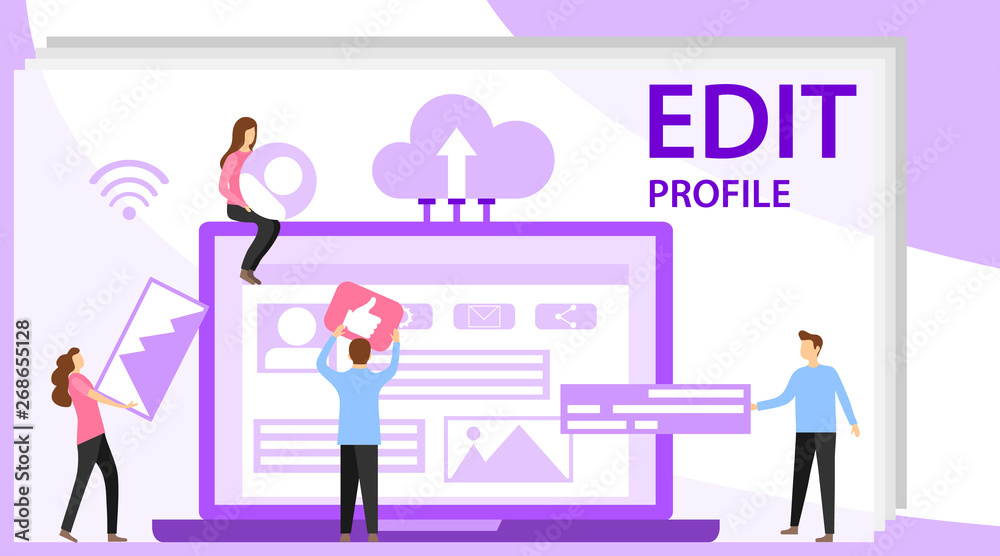 Editing a profile in social media. Workspace for workers, interface to build ideas, create mobile profile or customer analysis. Landing page