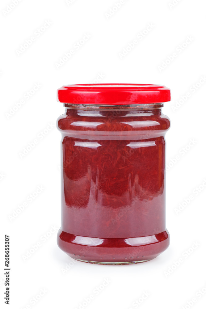 Glass jars with strawberry jam on white background Glass jars with strawberry jam on white background