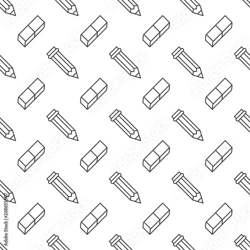 Seamless pattern with pencil, eraser line icons. Work tools background, writing illustration. Black white wallpaper for stationery sale brochure