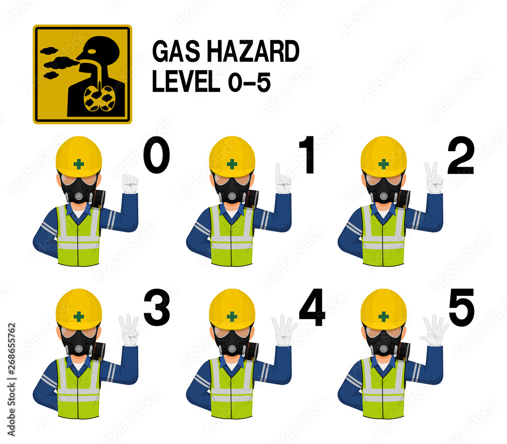 Set of industrial worker with gas mask is gesturing hand sign (0-5) Set of industrial worker with gas mask is gesturing hand sign (0-5)