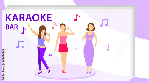 Karaoke bar. The concept of female karaoke bar. Singing female trio. Vector