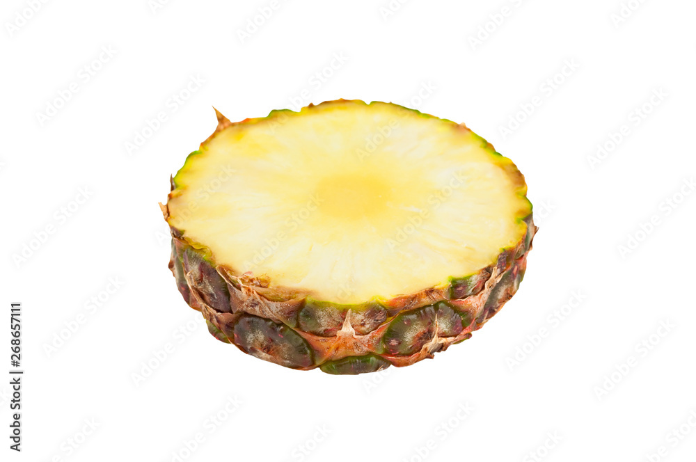 One round piece of fresh ripe pineapple with yellow juicy pulp isolated on white background. Top view One round piece of fresh ripe pineapple with yellow juicy pulp isolated on white background. Top view