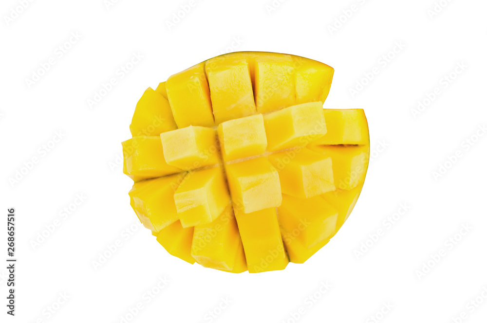 Piece of fresh ripe mango isolated on white background. Clipping path.Top view Piece of fresh ripe mango isolated on white background. Clipping path.Top view